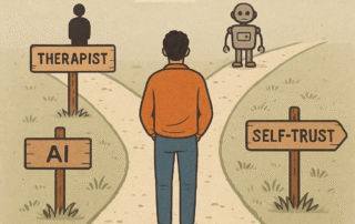 Person at crossroads choosing between therapist, AI, and self-trust paths
